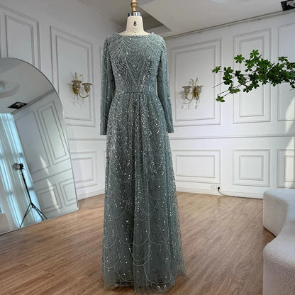 Luxury Olive Green Beaded A-Line Modest Evening Dress Plus Size LA72738B