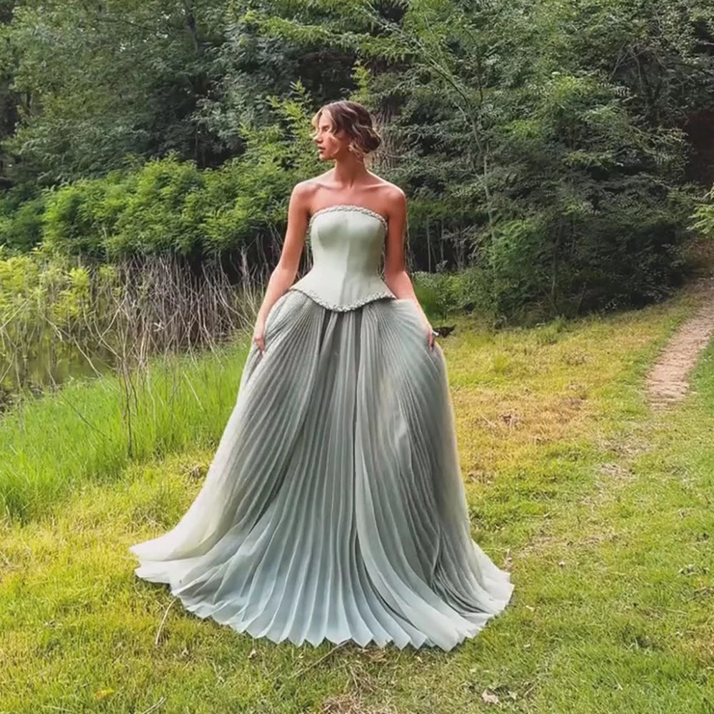 Luxury Sage Green A-Line Crystal Beaded Evening Dress LA73169A