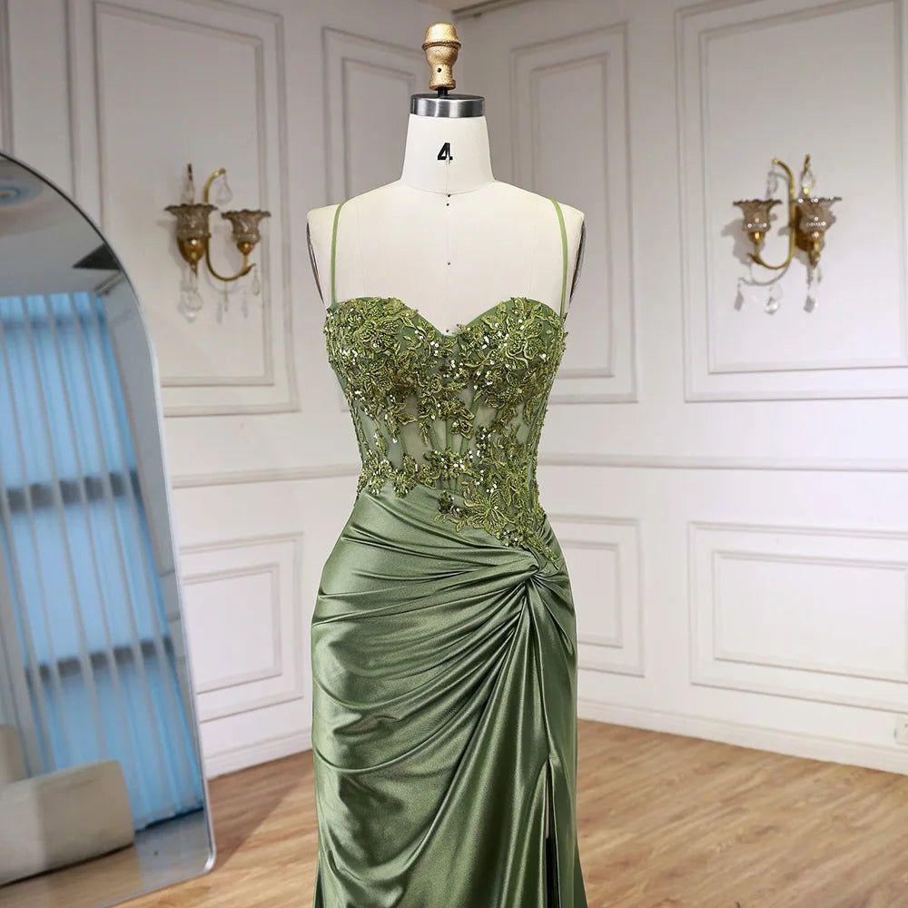 Luxury Sage Green Satin Prom Dress with Slit LA73032