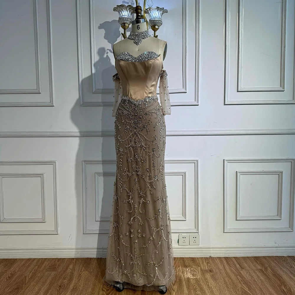 Luxury Caramel Sheer Corset Beaded Evening Dress with Gloves LA72929A