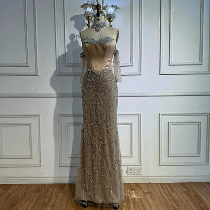 Luxury Caramel Sheer   Beaded Evening Dress with Gloves LA72929A