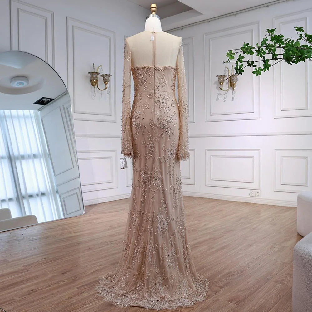 Luxury Arabic Lace Beaded Mermaid Evening Dress with Sleeves LA72545