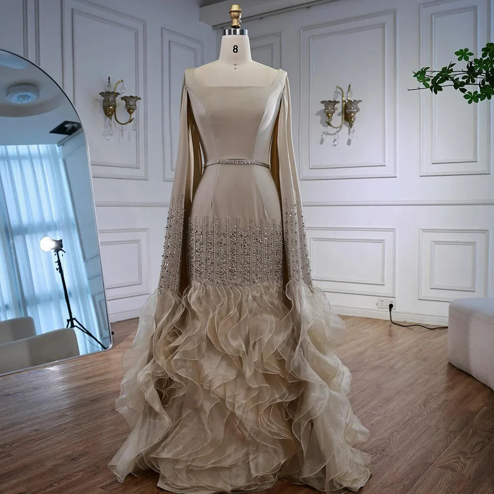 Elegant Nude Beaded Mermaid Evening Dress with Cape Sleeves LA72317C