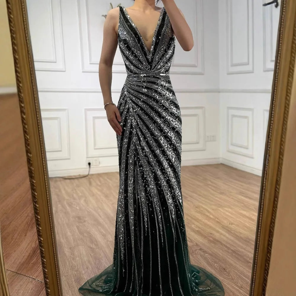 Luxury Green Beaded Mermaid Prom Dress with Split LA72613