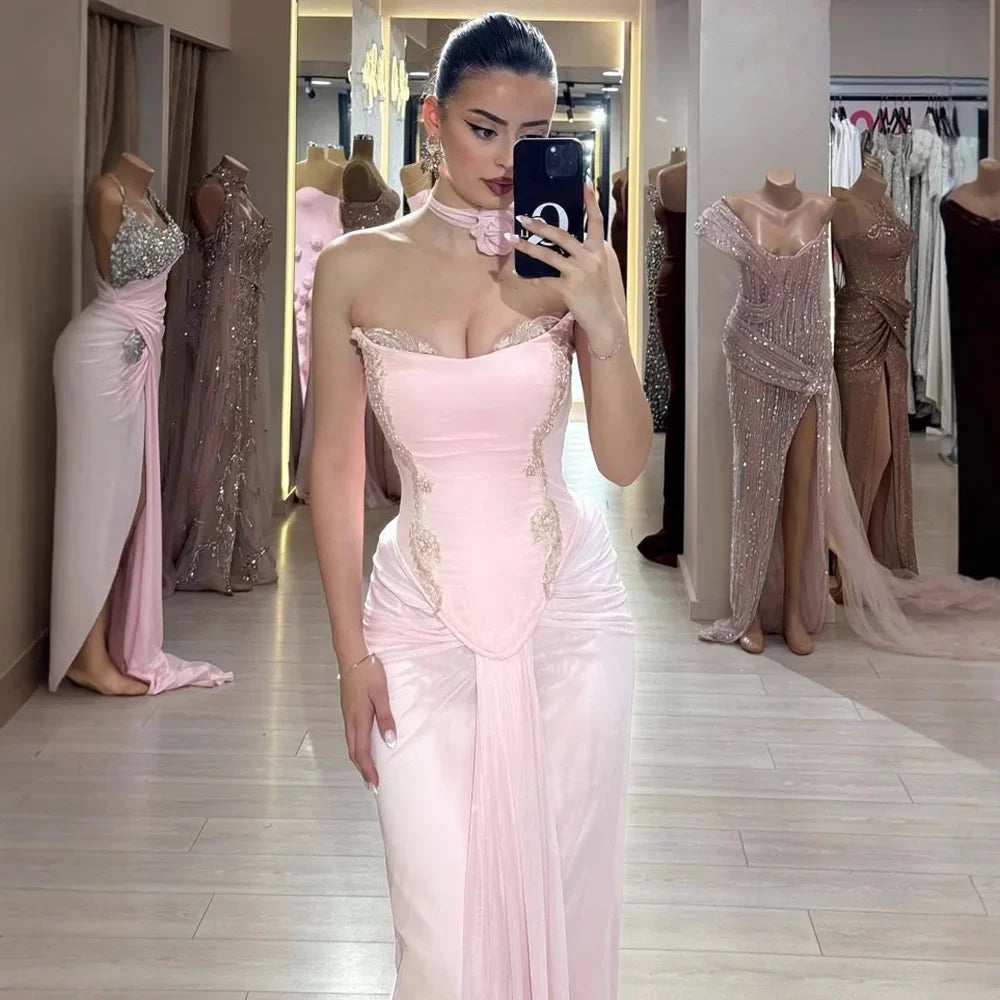 Pink Strapless Draped Satin Evening Dress with Rose Neck LA72946