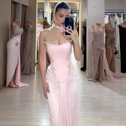 Pink   Draped Satin Evening Dress with Rose Neck LA72946