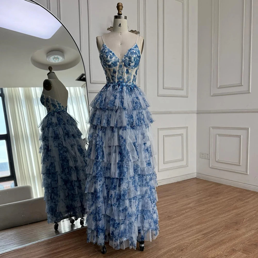 Elegant  Blue Tiered Spaghetti Strap A-Line Evening Dress LA73171