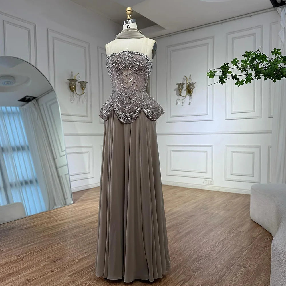 Luxury Designer Nude Beaded Chiffon Evening Dress Wedding LA72915