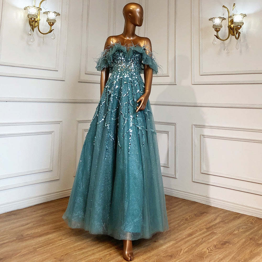 Luxury Turquoise Beaded Feather A Line Evening Dress LA71328