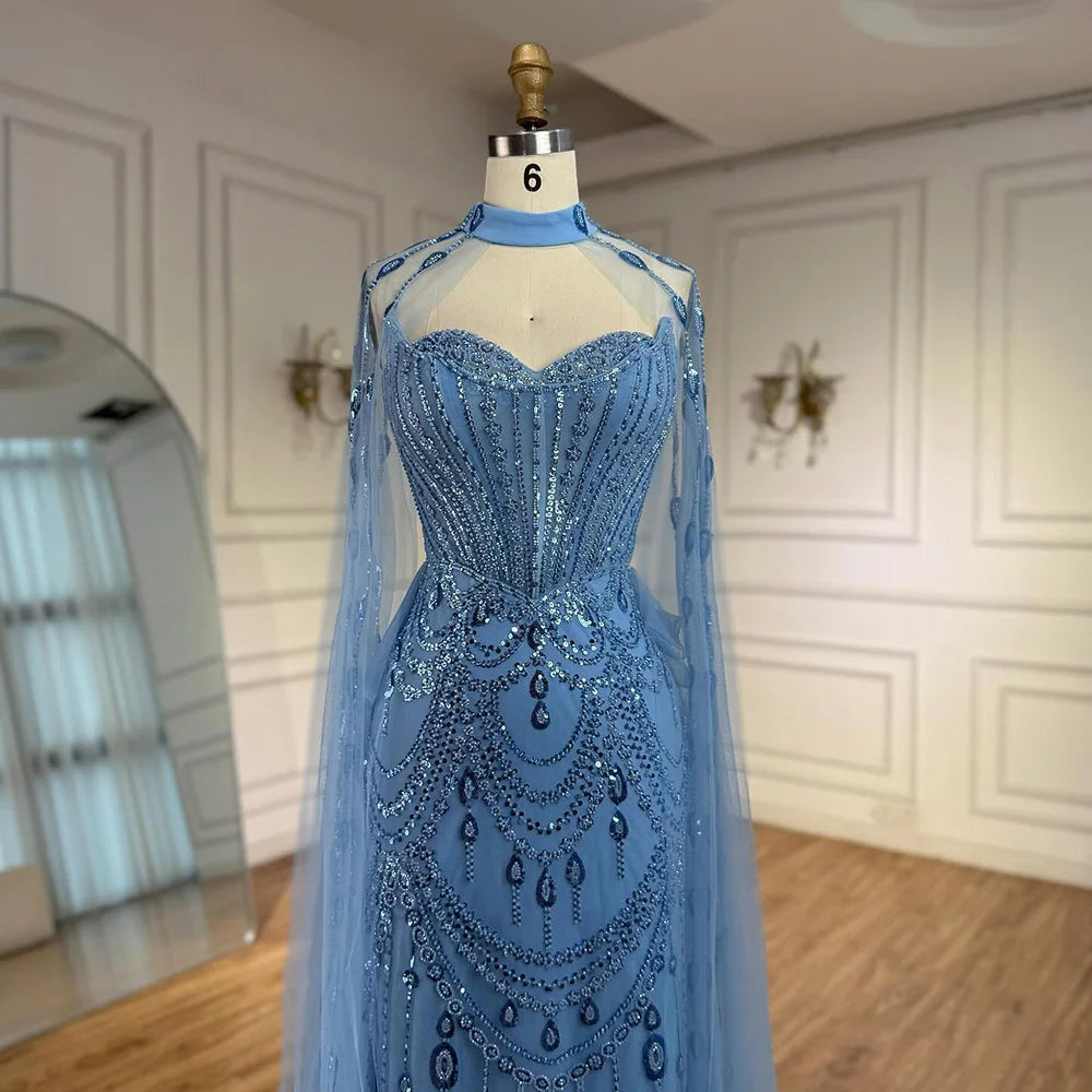 Luxury Blue Sequin Beaded Evening Dress with Cape Sleeves LA73108