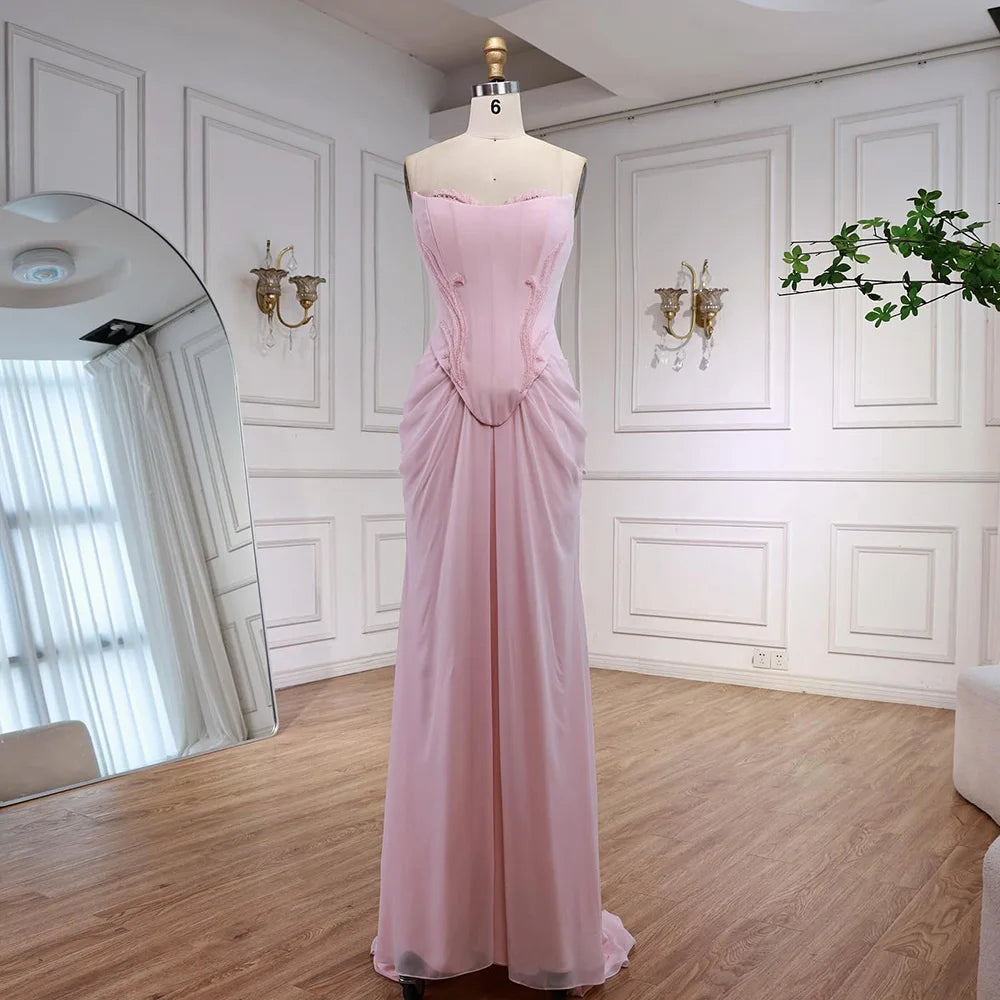 Pink Strapless Draped Satin Evening Dress with Rose Neck LA72946