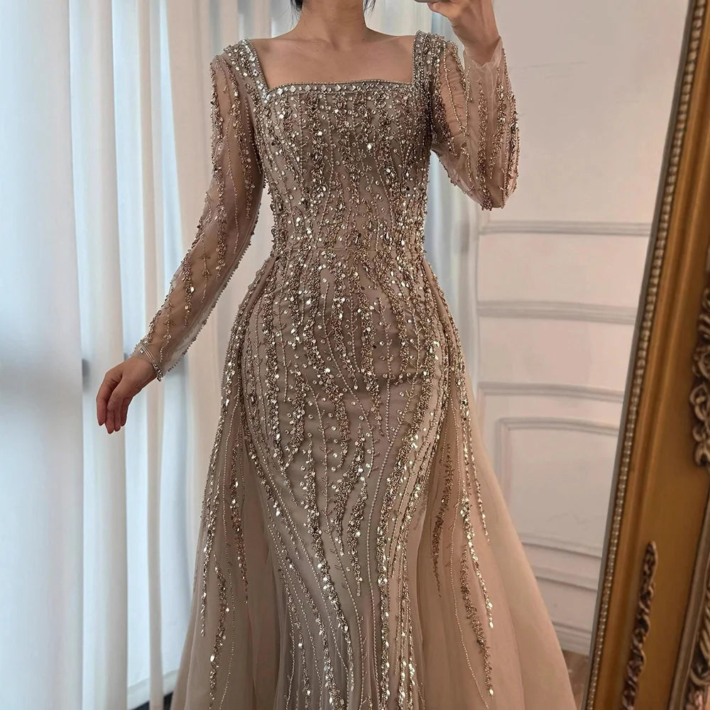 Luxury Arabic Caramel Beaded Mermaid Evening Dress with Overskirt LA72710A