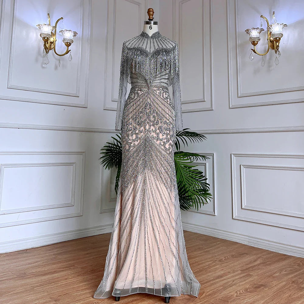 Luxury Blue Beaded Tassel Mermaid Evening Dress Dubai Style LA71986