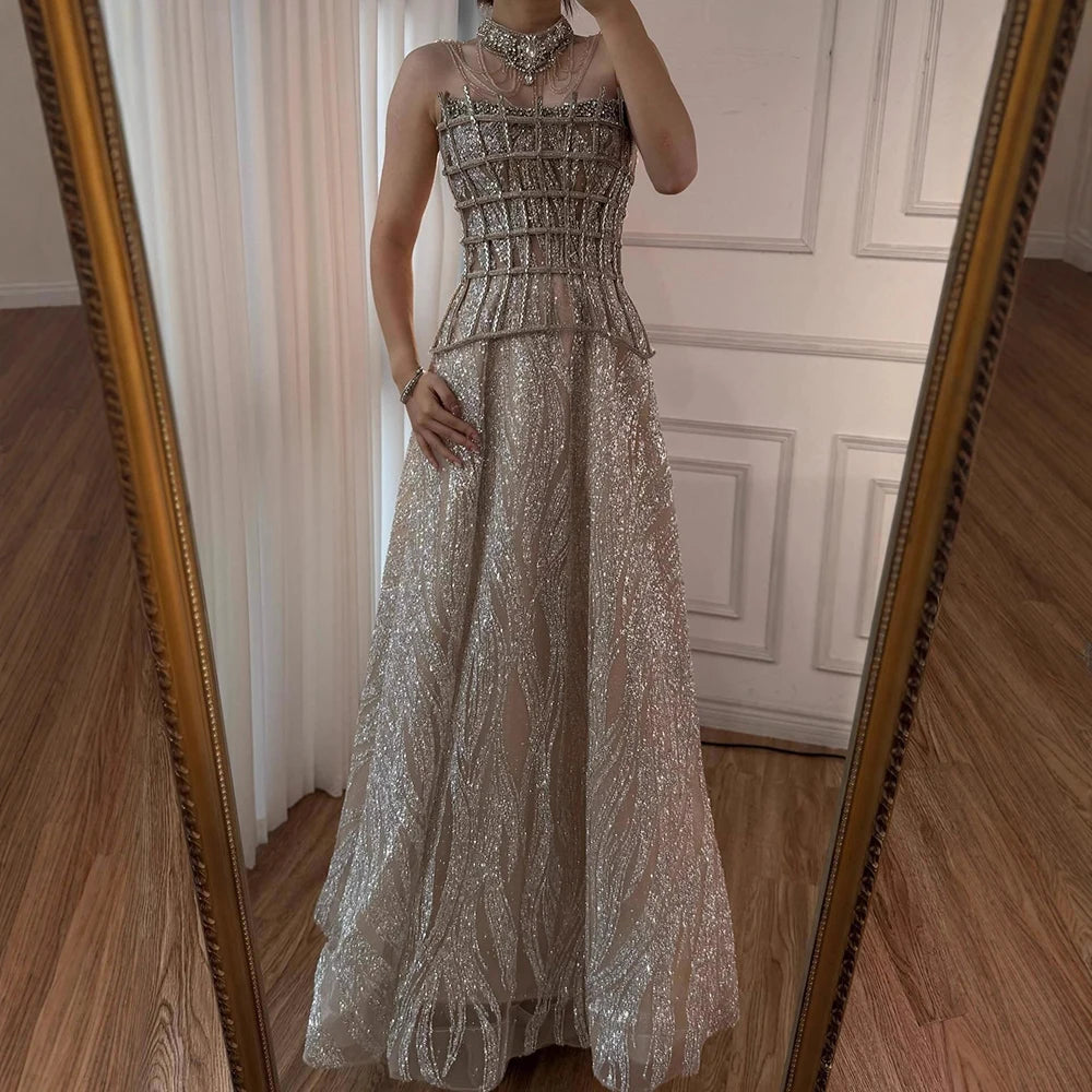 Luxury Nude Beaded A-Line Evening Dress for Women Formal Occasion LA73163