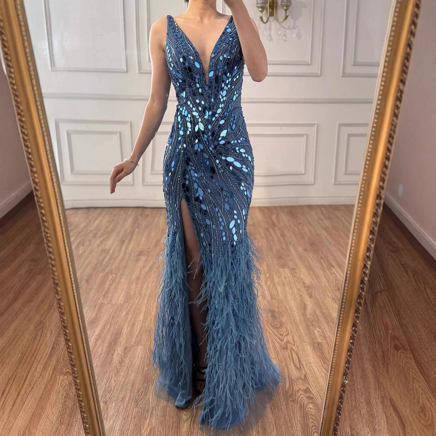 Luxury Blue Beaded Feather Mermaid Evening Dress LA73369