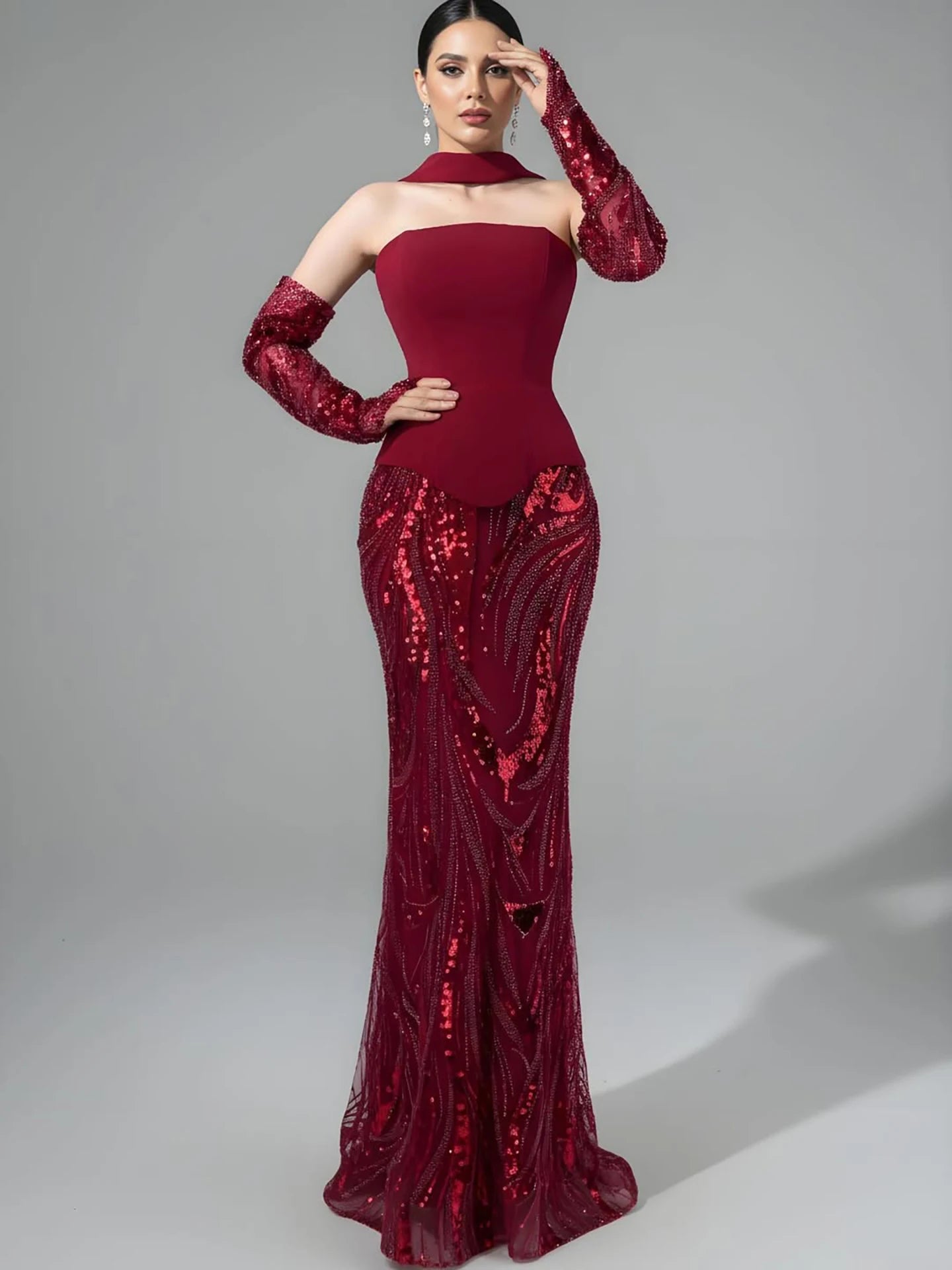 Luxury Wine Red Mermaid Evening Dress With Gloves LA73050E