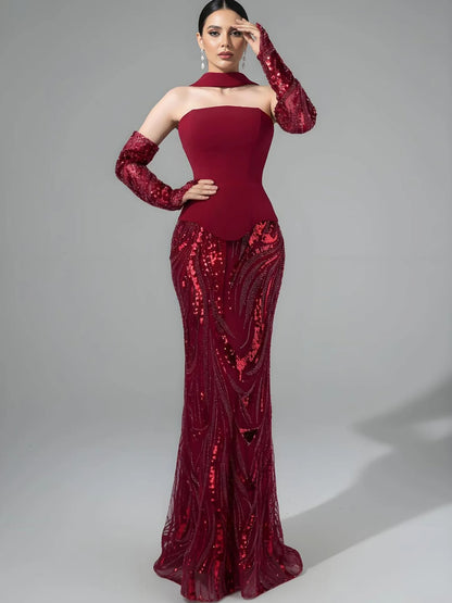 Luxury Wine Red Mermaid Evening Dress With Gloves LA73050E