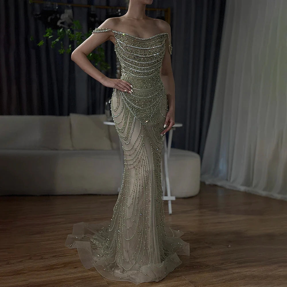 Luxury Crystal Silver Gray Mermaid Dubai Evening Dresses LA72253