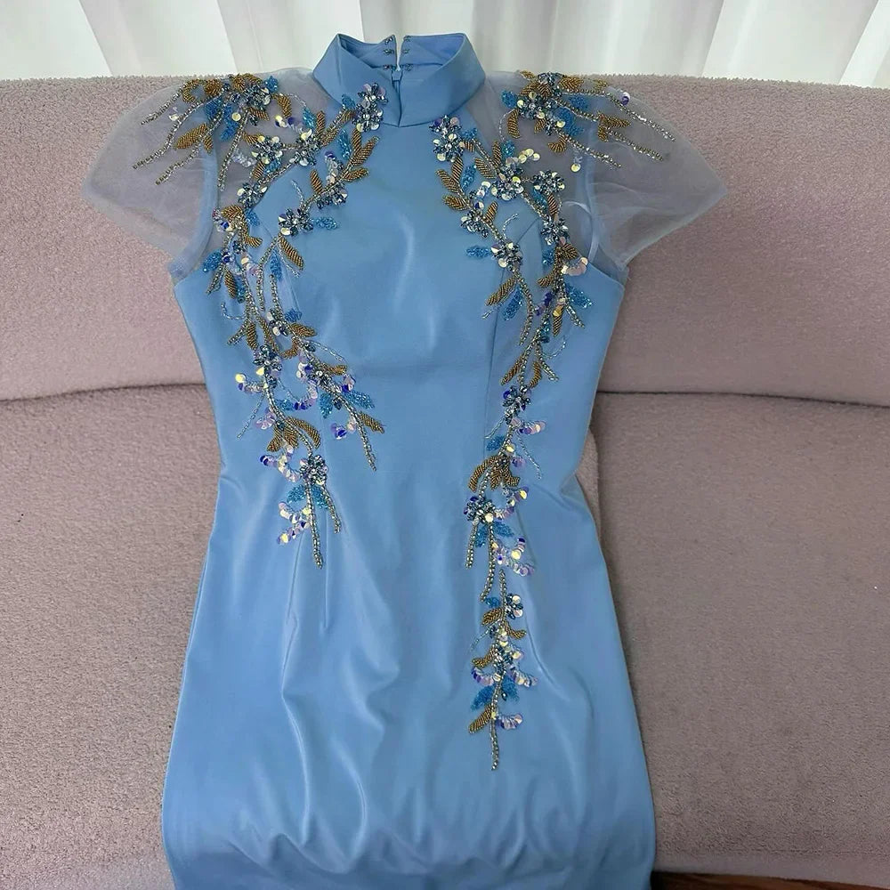 Luxury Mint Beaded Satin Mermaid Evening Dress with Corset LA72797