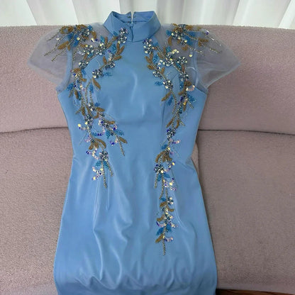 Luxury Mint Beaded Satin Mermaid Evening Dress with   LA72797