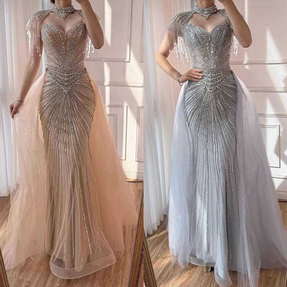 Luxury Nude Beaded Mermaid Evening Dress with Overskirt LA73182