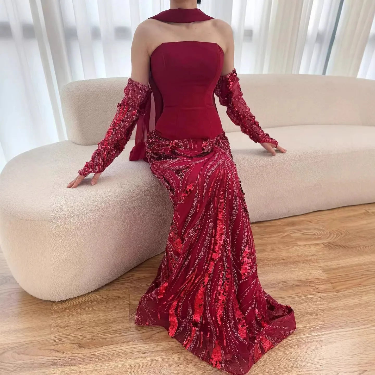 Luxury Wine Red Mermaid Evening Dress With Gloves LA73050E