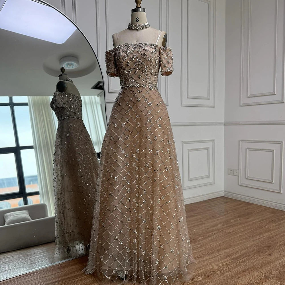 Luxury Nude Sliver Off Shoulder Beaded Crystal A-Line Evening Dress LA73122