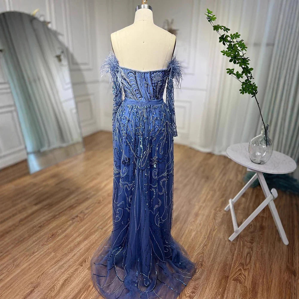 Luxury Arabic Nude Mermaid High Split Feather Beaded Evening Dress LA71910