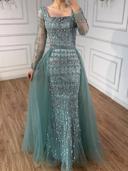 Luxury Arabic Square Neck Beaded Mermaid Evening Dress LA72714D