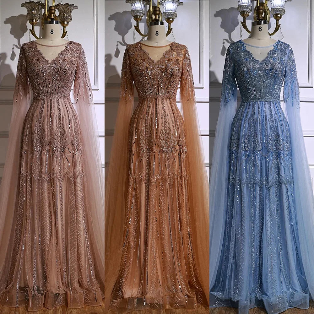 Rose Gold Beaded A-Line Evening Dress with Cape Sleeves LA73056
