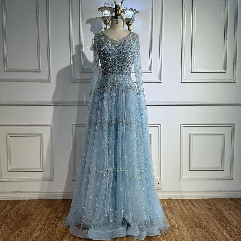 Elegant Caramel A-Line Beaded Evening Dress with Cape Sleeves LA73075