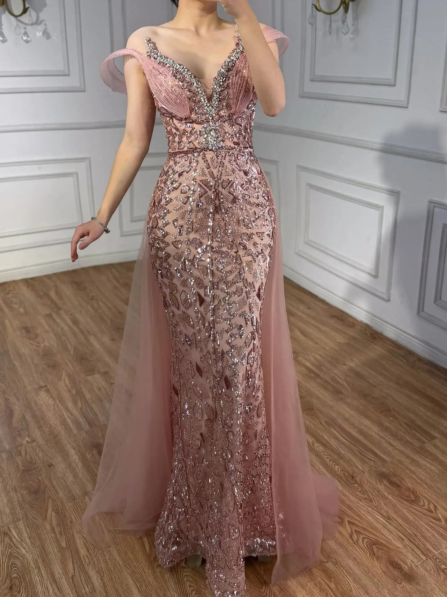 Serene Hill Pink Beaded Off Shoulder Evening Dress LA73413