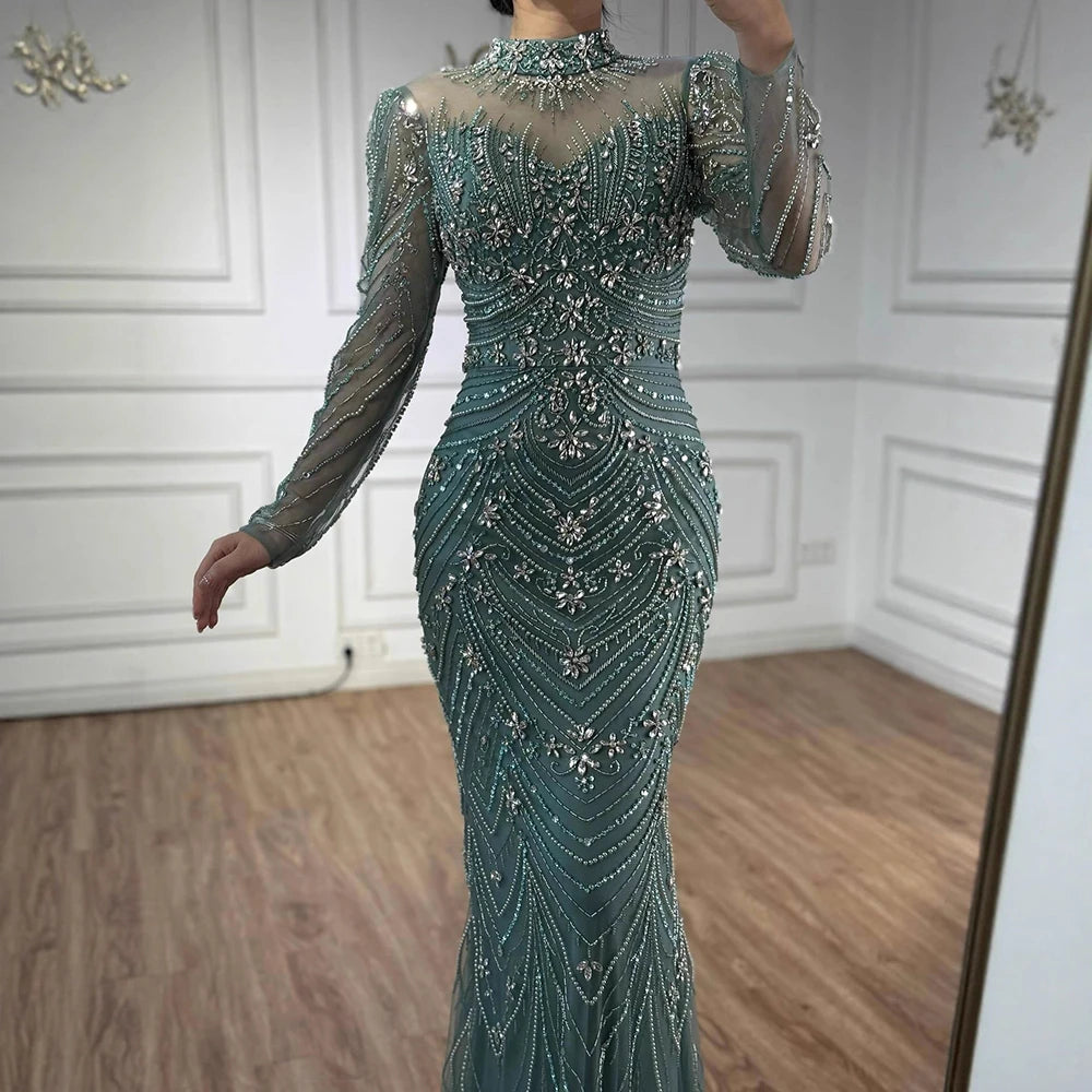Luxury Pink Beaded Mermaid Evening Dress Long Sleeve LA73158