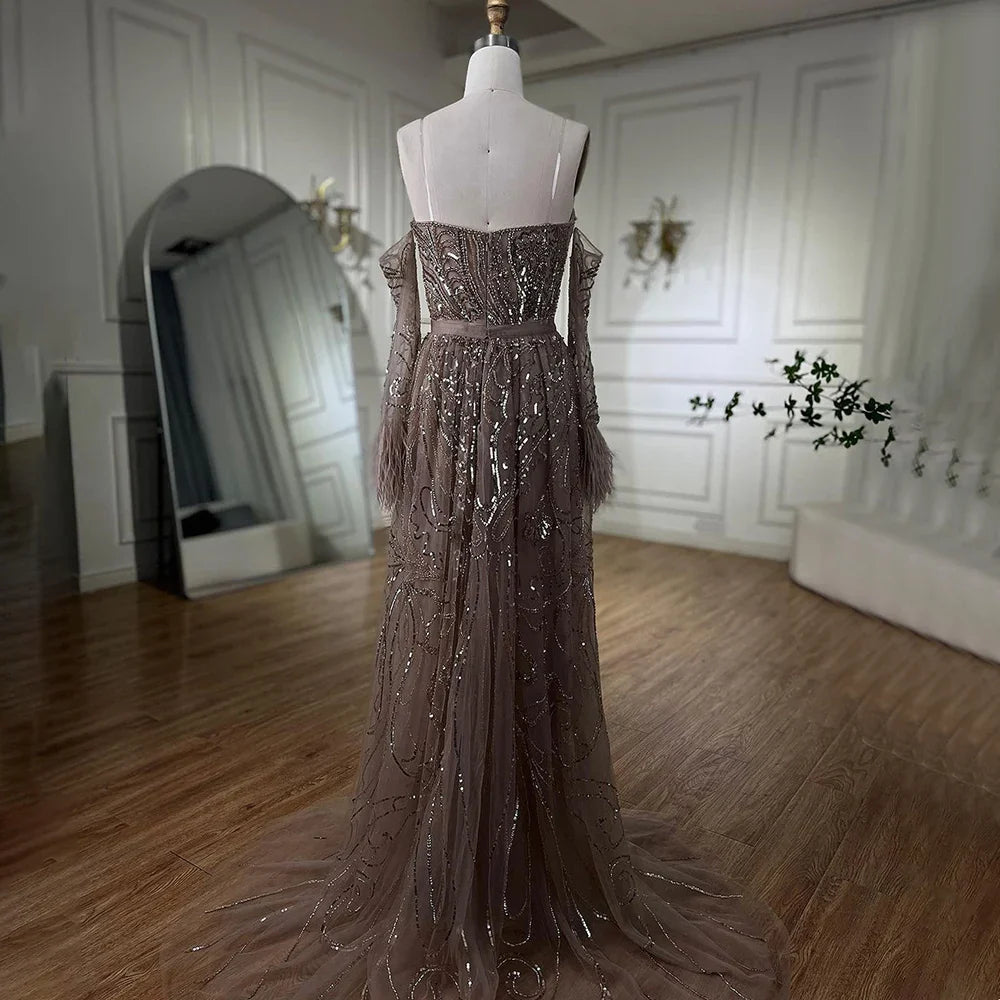 Luxury Arabic Nude Mermaid High Split Feather Beaded Evening Dress LA71910