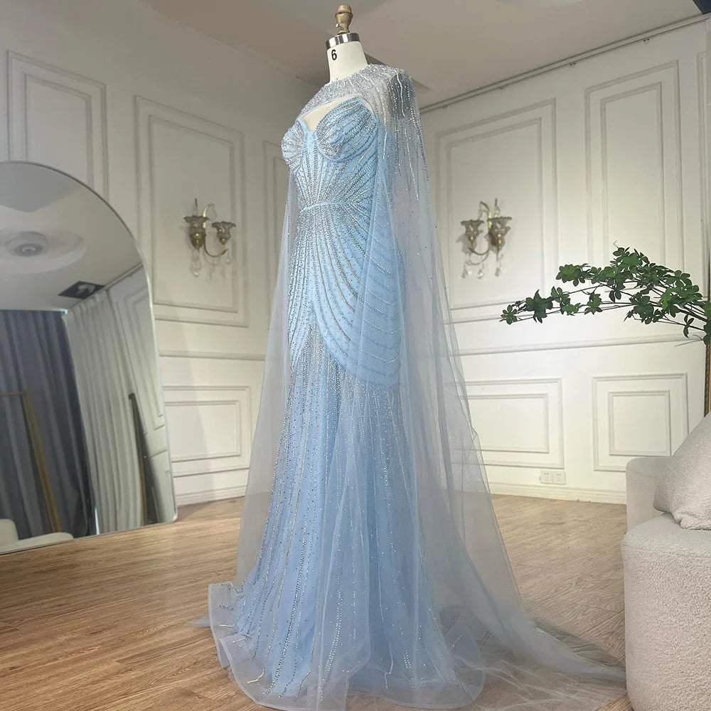 Luxury Blue Beaded Evening Gown with Detachable Cape LA72784