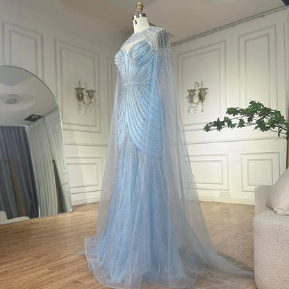 Luxury Blue Beaded Evening Gown with Detachable Cape LA72784