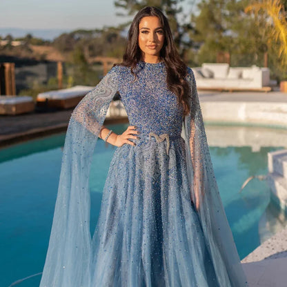 Luxury Blue A-Line High Neck Beaded Evening Dress with Cape Sleeves LA70066B