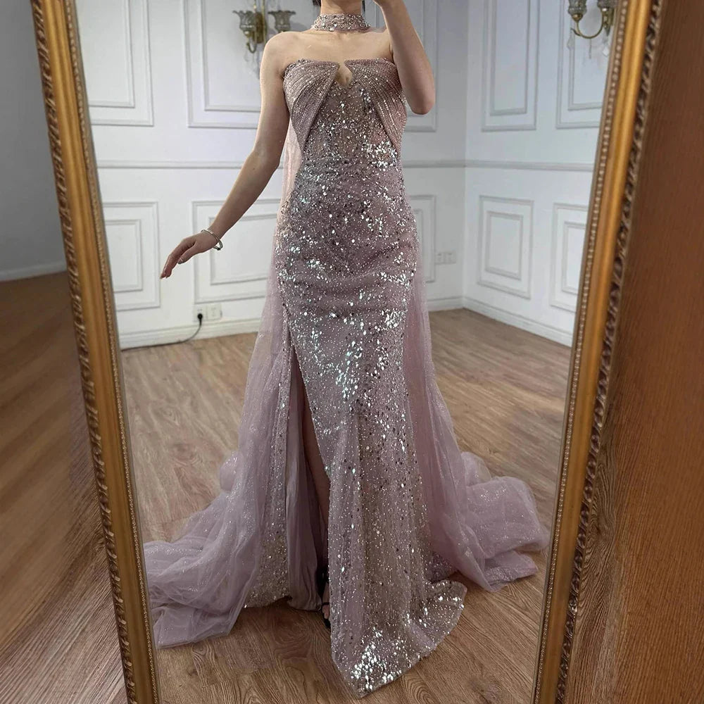 Luxury Gray Beaded Evening Dress with Long Cape LA73159