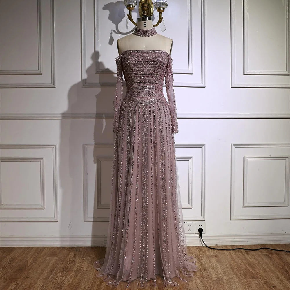 Caramel Off Shoulder Beaded Mermaid Evening Dress Long Sleeves LA73053
