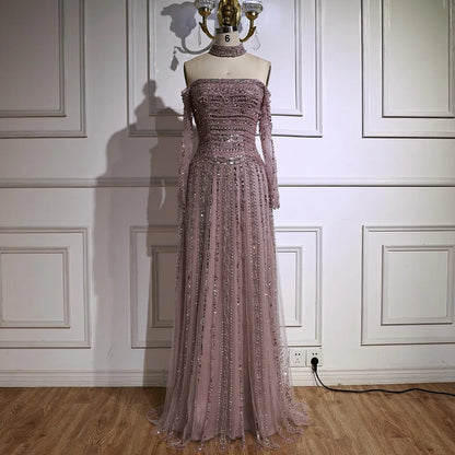 Caramel Off Shoulder Beaded Mermaid Evening Dress Long Sleeves LA73053