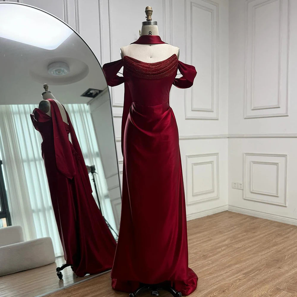 Luxury Wine Red Satin Evening Dress Elegant Gown LA73168