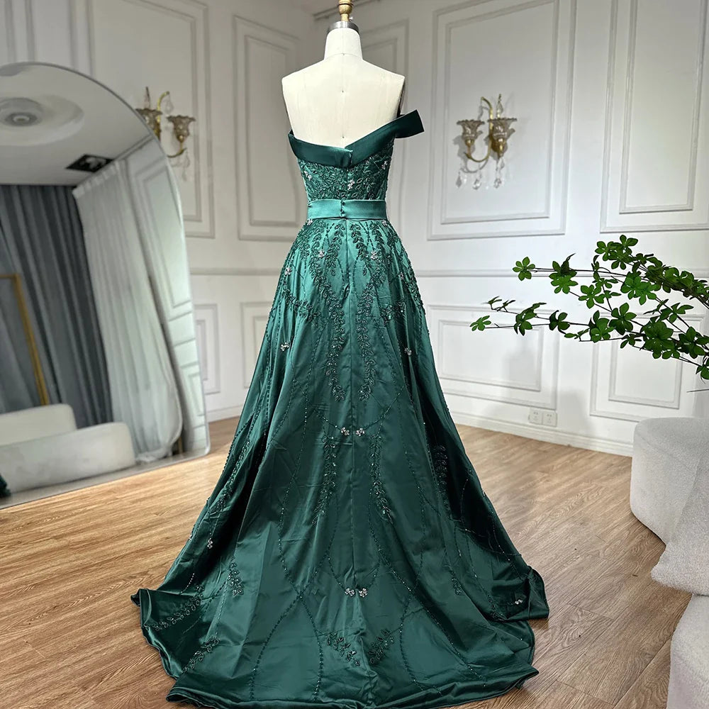 Luxury Green One Shoulder Satin Evening Dress with Overskirt LA72178