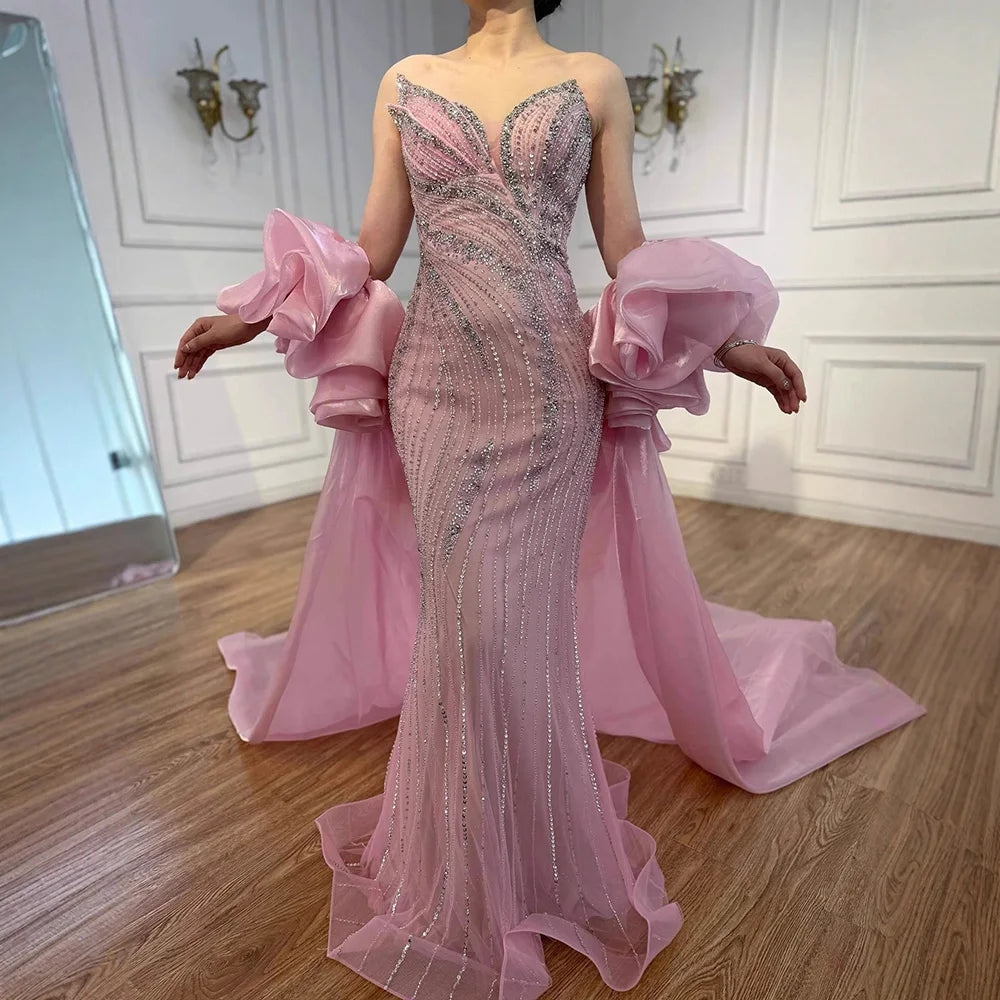 Luxury Red Strapless Mermaid Evening Dress with Cape LA72896