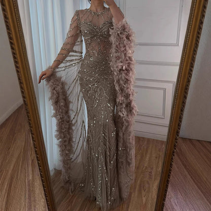 Luxury Caramel Crew Neck Beaded Mermaid Evening Dress  LA72708A
