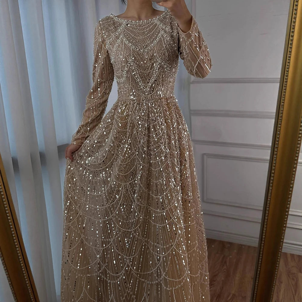 Luxury Olive Green Beaded A-Line Evening Dress Long Sleeves LA72738B
