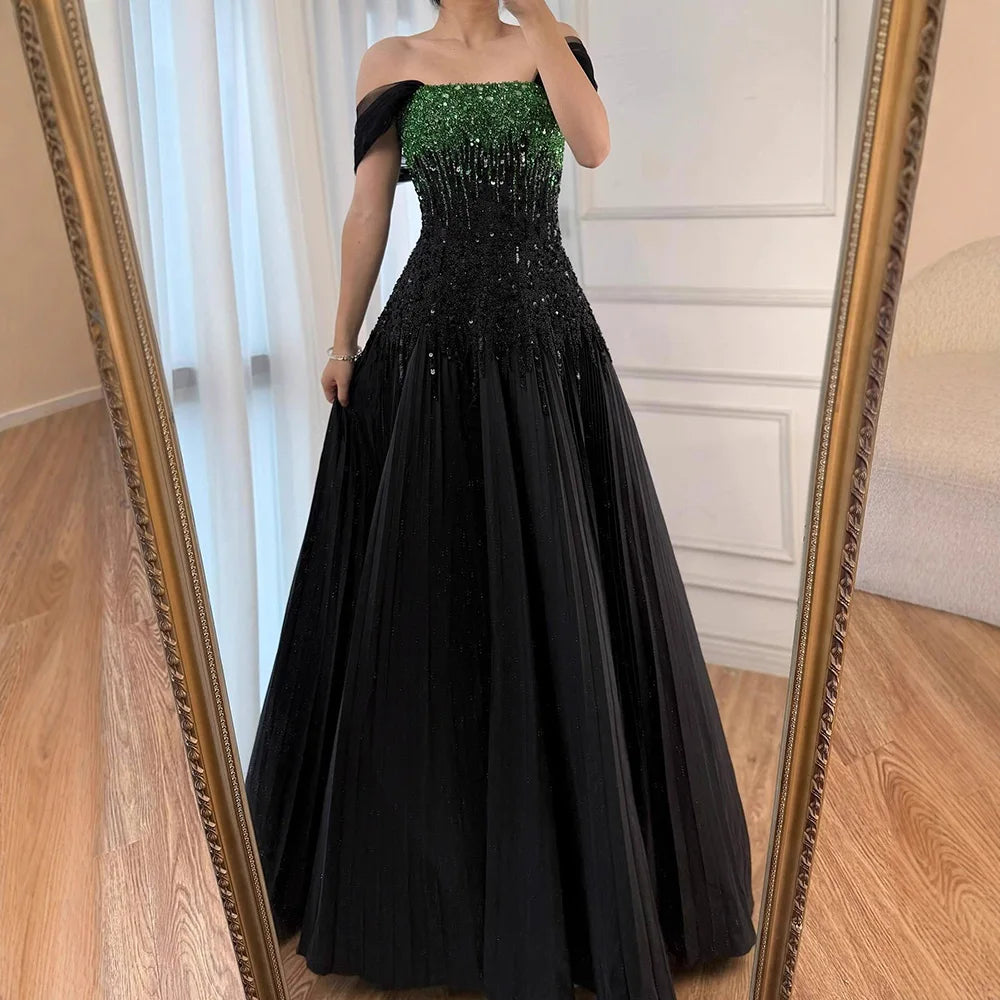 Luxury Beaded Black Green Strapless Dubai Evening Dress for Party LA72406