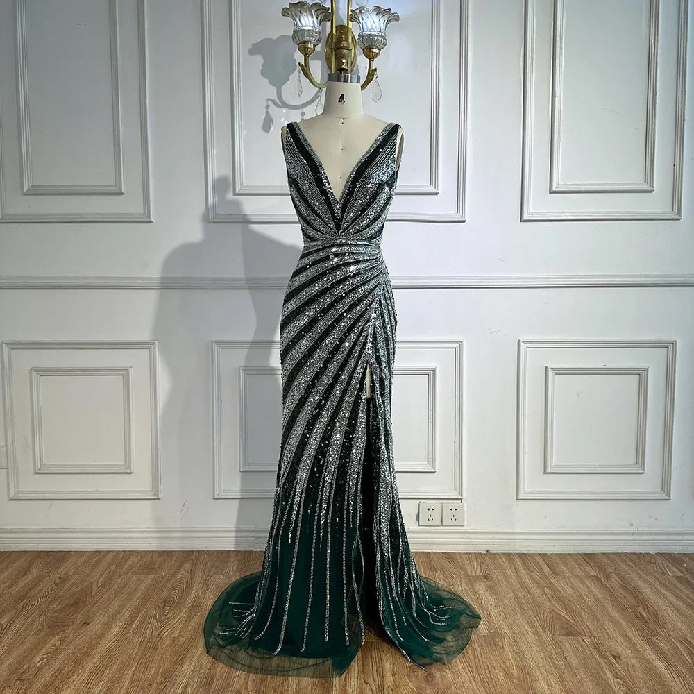 Luxury Green Beaded Mermaid Prom Dress with Split LA72613