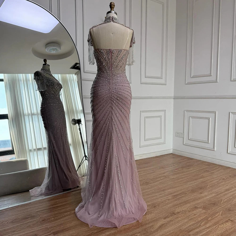 Luxury Pink Beaded Tassel Mermaid Evening Dress Long Gown LA73184