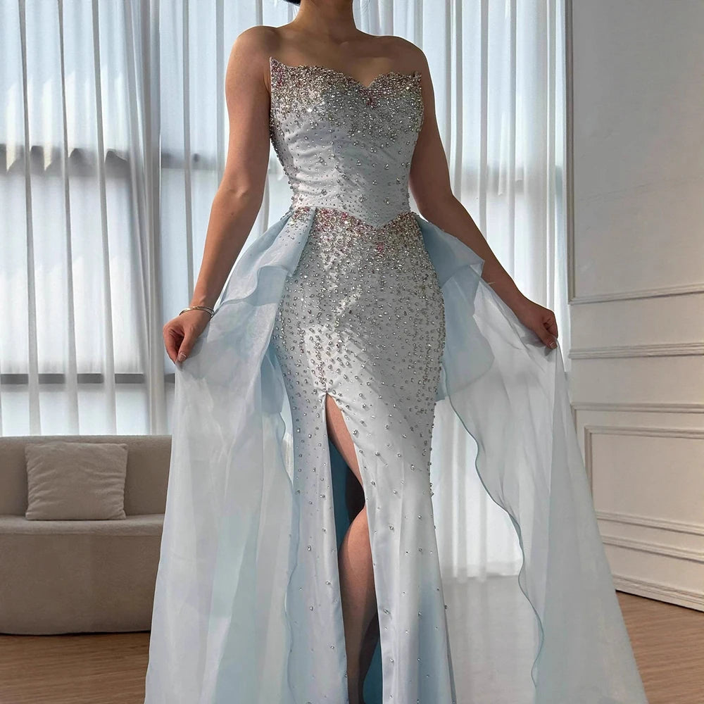 Luxury Blue Crystal Beaded Mermaid Evening Dress with Overskirt LA73145