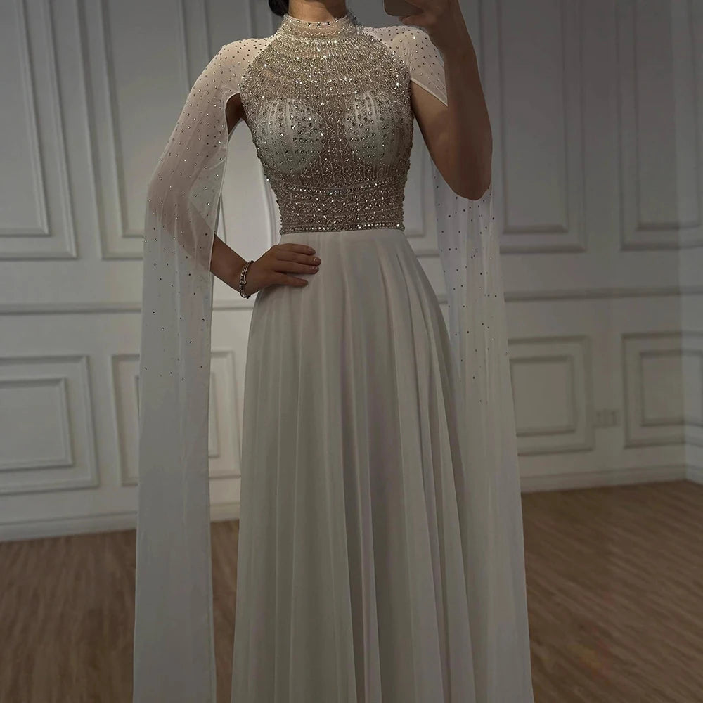 Luxury Caramel Chiffon Beaded Evening Dress with Cape LA73144